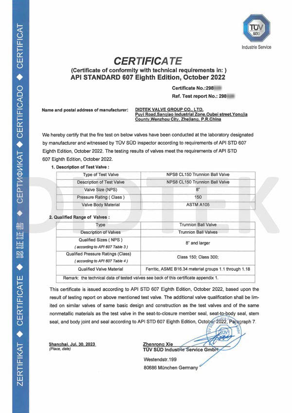 API Standard 607 Eighth Edition Certificate Of NPS8 CL150 A105 Trunnion Ball Valve